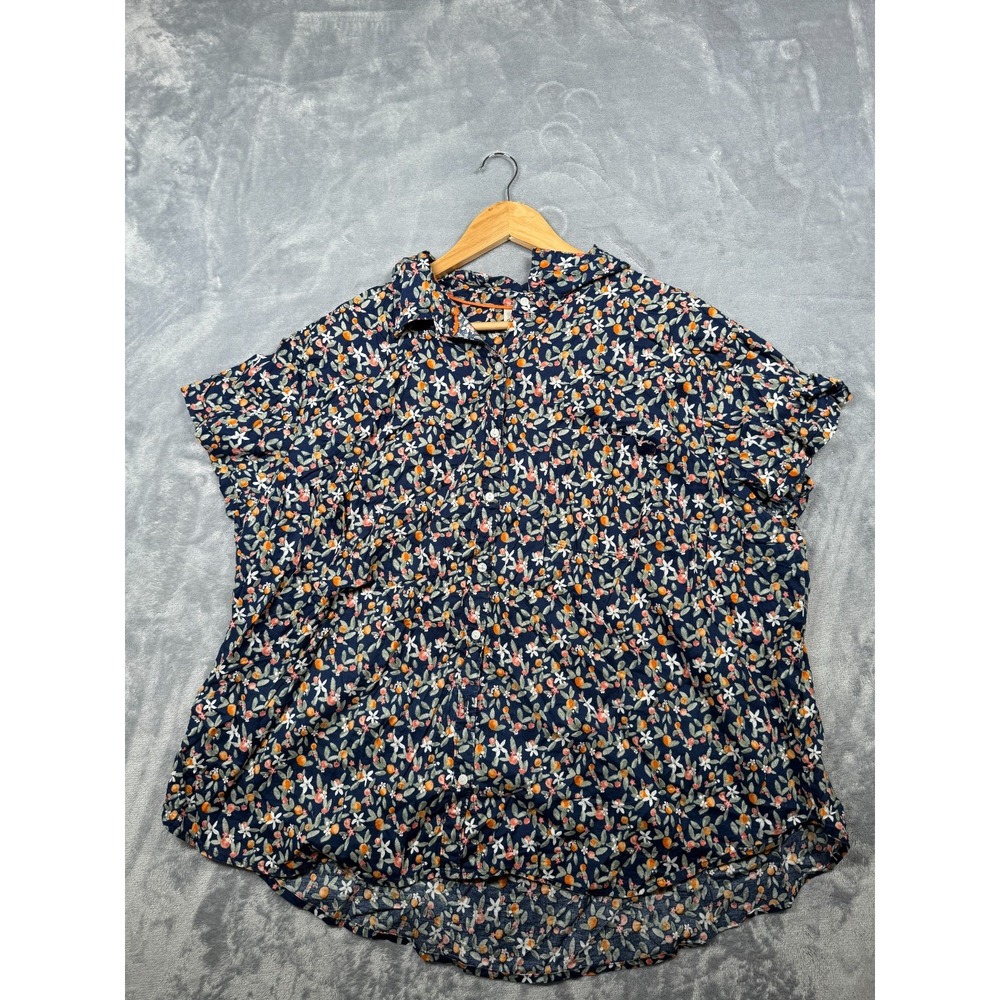 St. John's Bay Shirt Womens 2X Blue Floral Cotton Cap Sleeve Casual Button Up